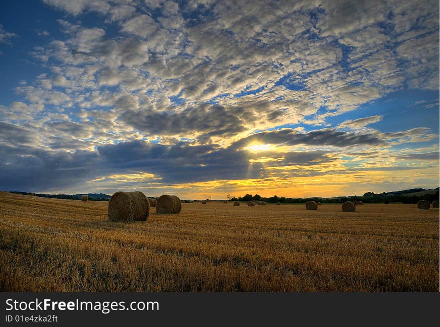 Hay bales in a field in french. Hay bales in a field in french