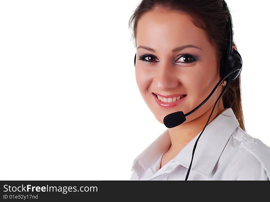 Beautiful woman with headphones on white background