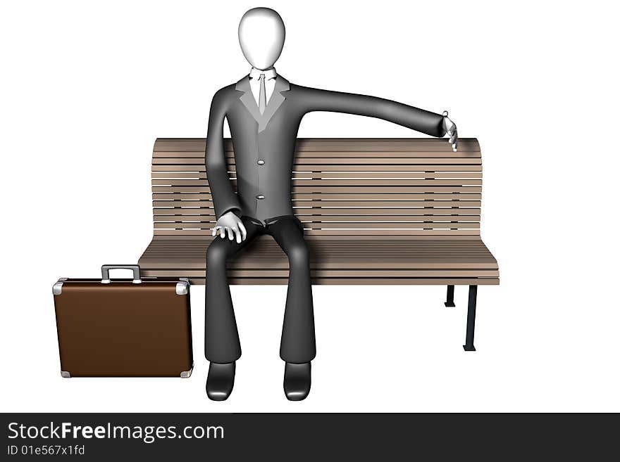 3d illustration of businessman sitting alone on a bench with a space next to him. front view isolated on white background