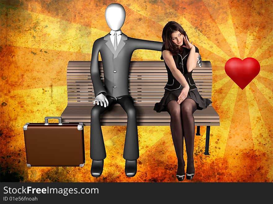 3d illustration of businessman sitting alone on a bench with a shy girl next to him and heart on vintage background front view. 3d illustration of businessman sitting alone on a bench with a shy girl next to him and heart on vintage background front view