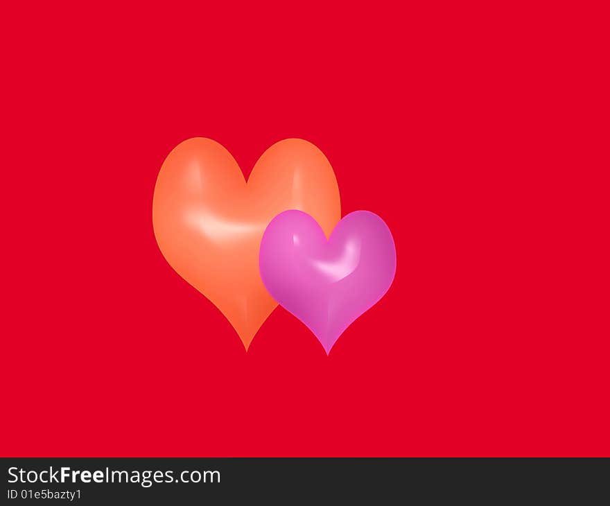 Red background and two shining hearts. Red background and two shining hearts