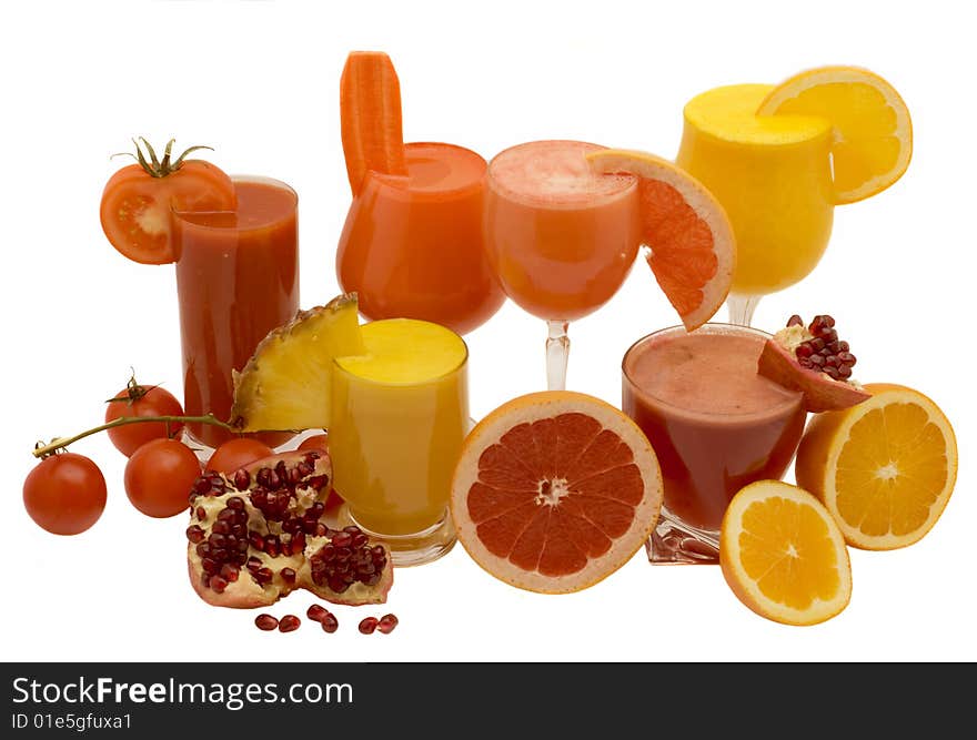 Glasses of fresh juice from different fruit isolated on a white background. Glasses of fresh juice from different fruit isolated on a white background