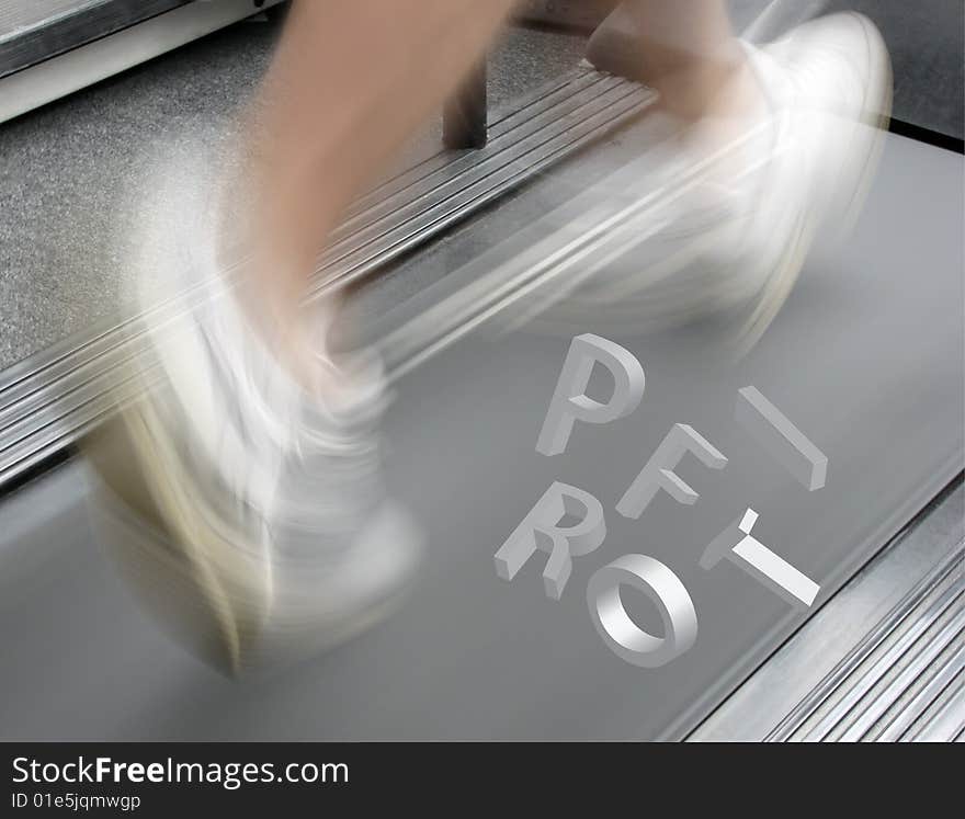 Letters spelling profit hover over man on treadmill. Letters spelling profit hover over man on treadmill