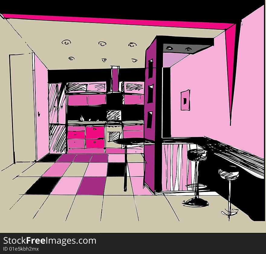 The art vector illustration of a fashion  dining room. The art vector illustration of a fashion  dining room