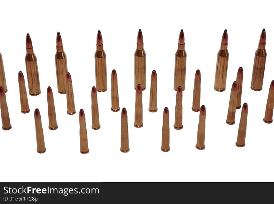 Ammunition all in rows on a white background. Ammunition all in rows on a white background