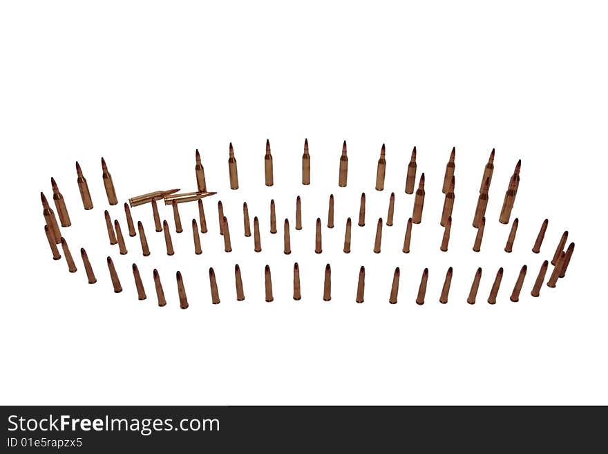 Ammunition all in rows on a white background with copyspace. Ammunition all in rows on a white background with copyspace