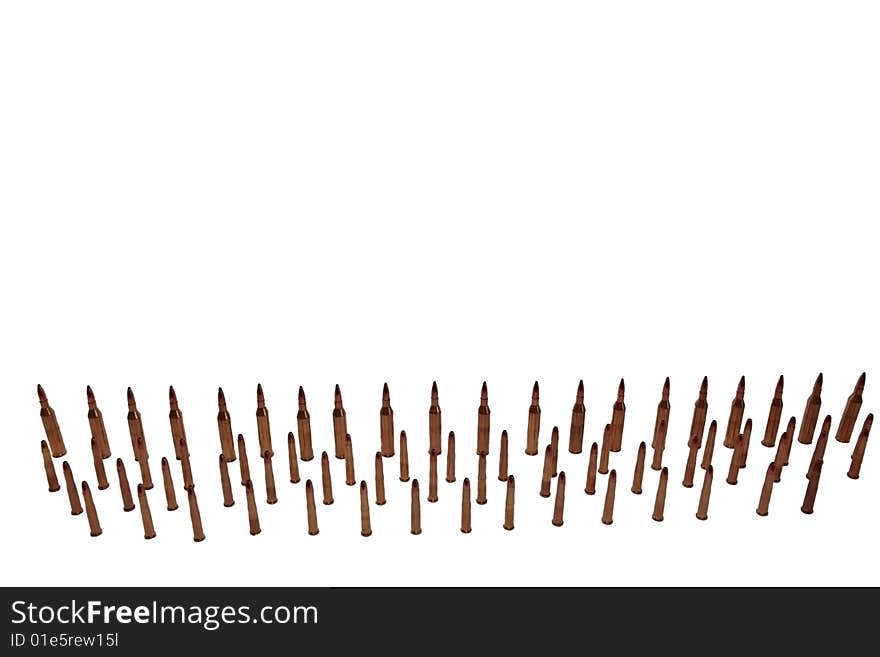 Ammunition all in rows on a white background with copyspace. Ammunition all in rows on a white background with copyspace