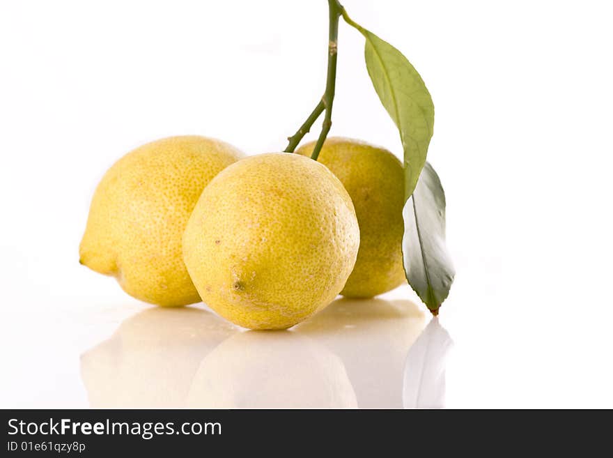 Fresh lemon with leaves isolated on white background