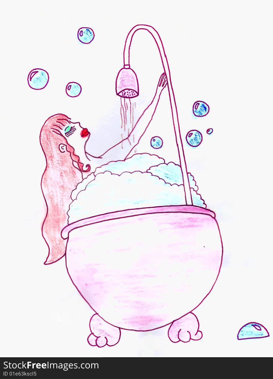 Watercolor painting I made of whimsical female taking a bubble bath in a clawfoot tub. Watercolor painting I made of whimsical female taking a bubble bath in a clawfoot tub.