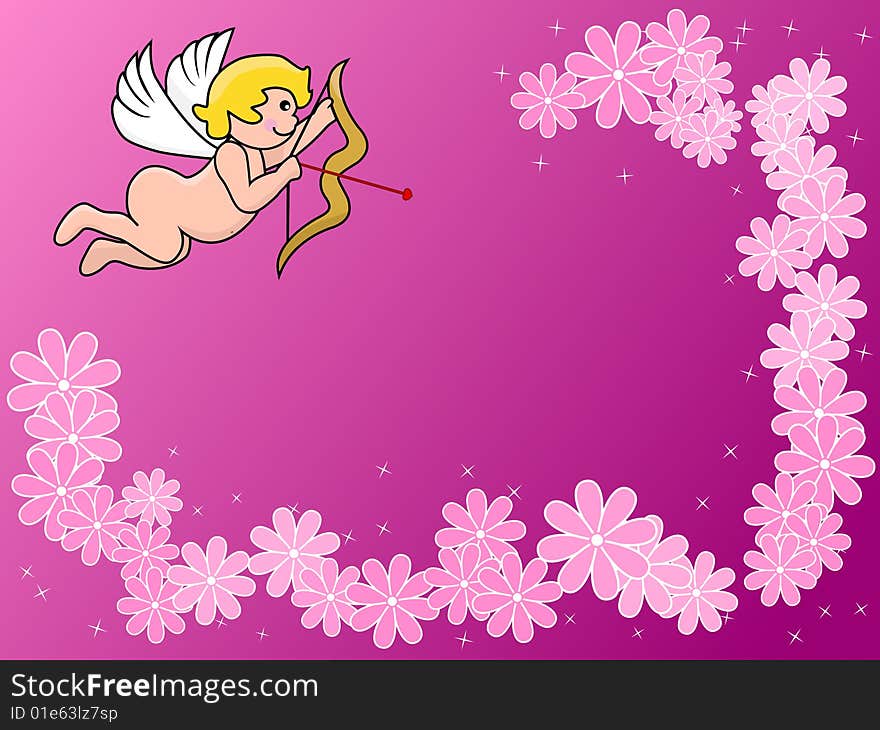 Cupid on a pink  background with  sparks and flowers