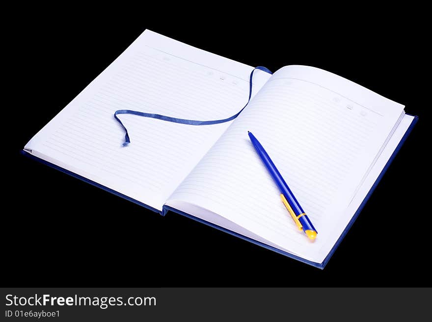 Blue organizer and pen under the black background