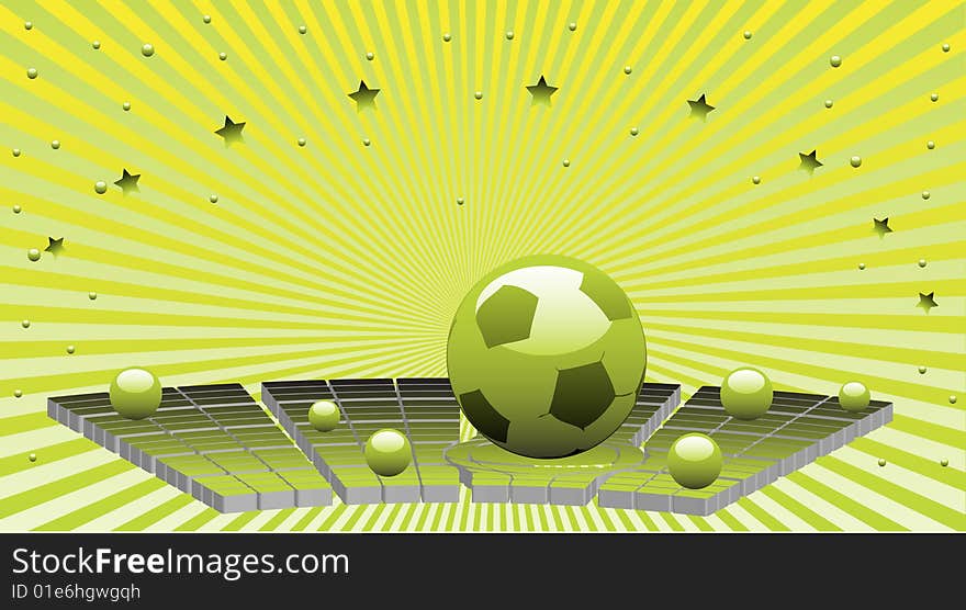 Colorful background with shiny green football ball, small spheres and small stars. Football design