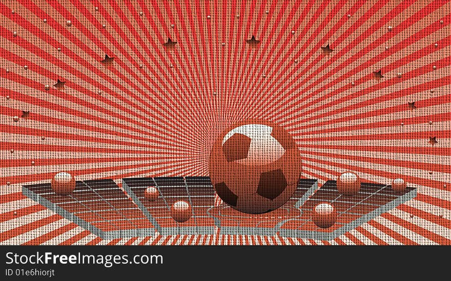 Abstract colorful illustration with shiny red football ball, small spheres and red stars. Football concept