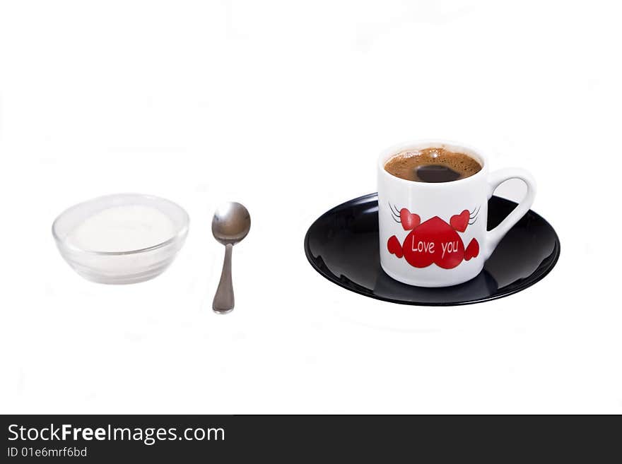 Coffee and sugar isolated over white background. Valentine concept.