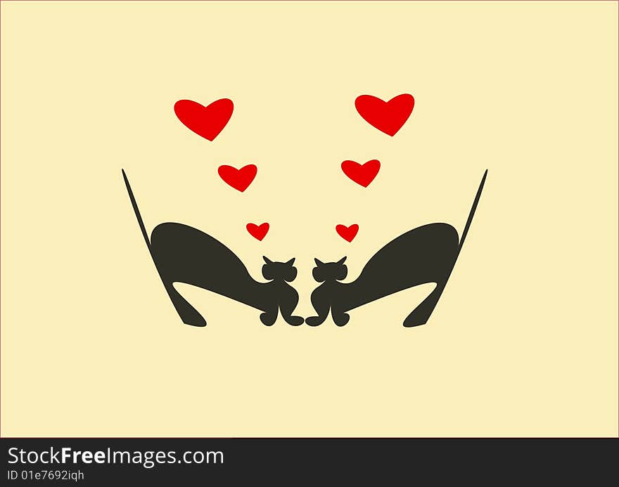 Cats blacks on orange background with red hearts