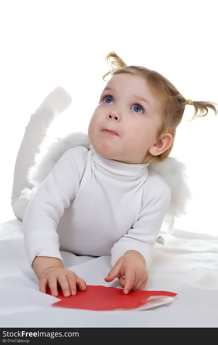 Stock photo: an image of a little cupid with wings and paper heart