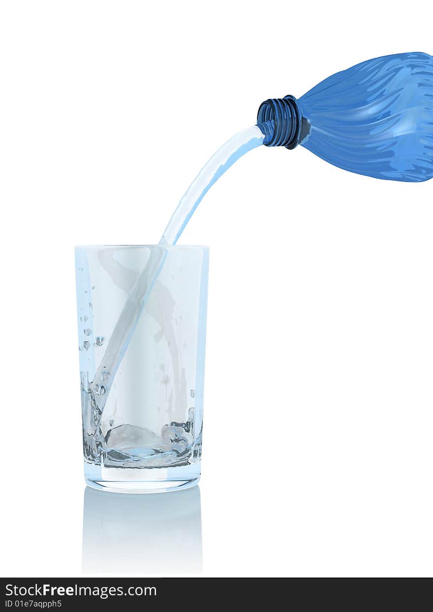 Bottle, water and glass on white background