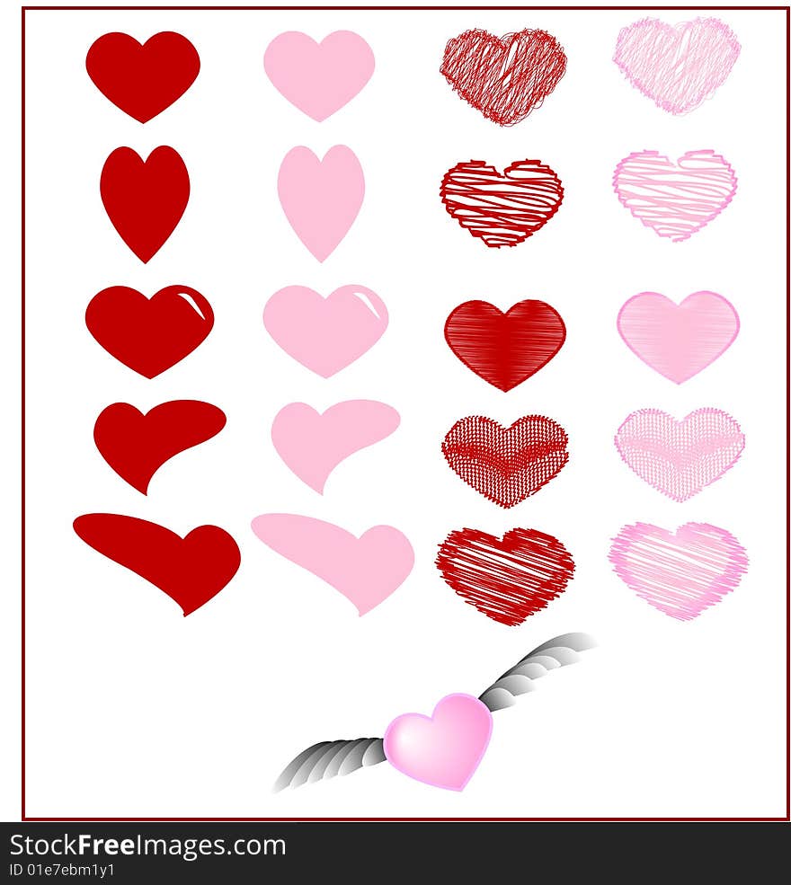 Lots of red and pink hearts on a white background.