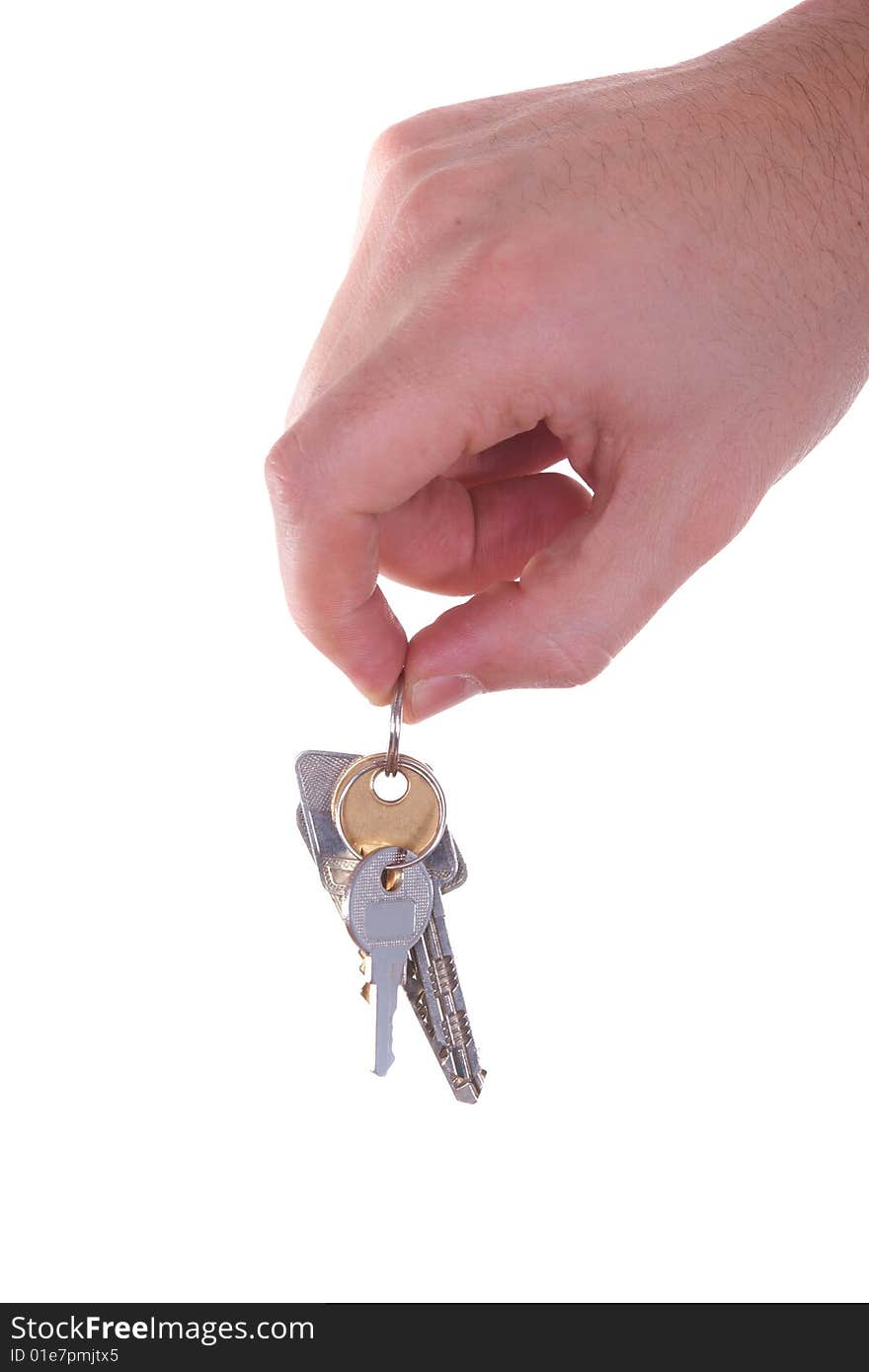 A hand is giving someone a bunch of keys. Isolated over white. A hand is giving someone a bunch of keys. Isolated over white.