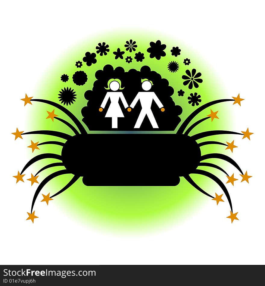 Vector illustration of couple silhouette on the funny floral and stars background.