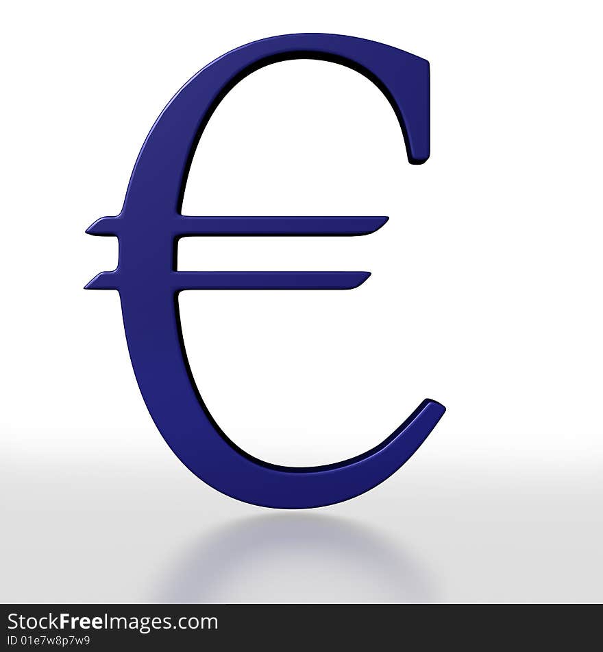 A blue symbol of Euro on a blurry surface isolated on white. A blue symbol of Euro on a blurry surface isolated on white