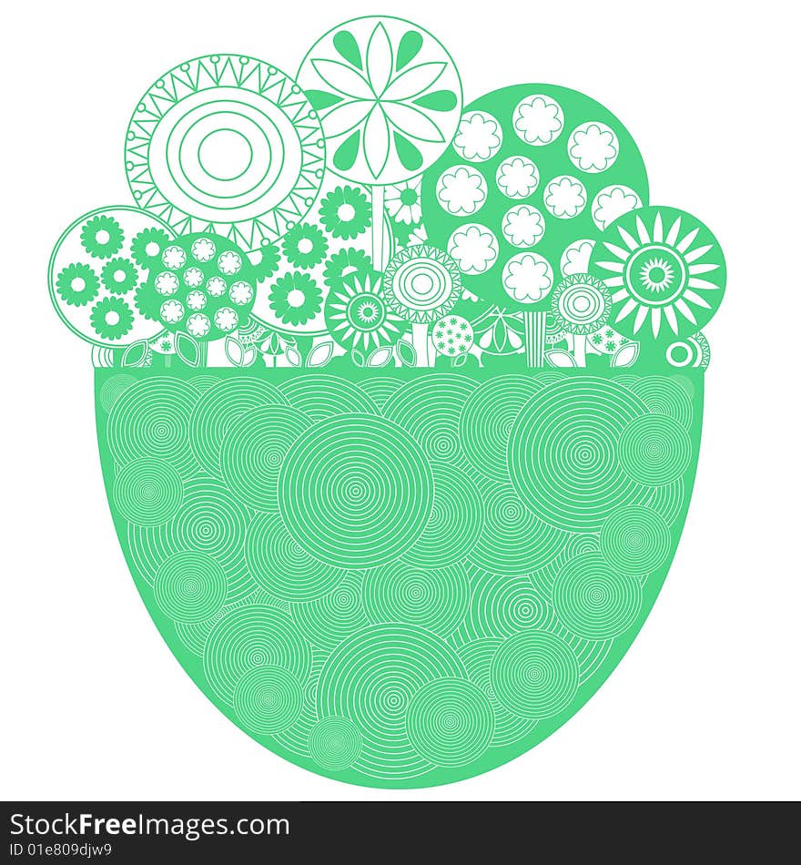 Vector illustration of funky floral background. Decorated with funny flowers and trees.