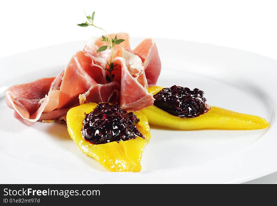 Ham with Pear and Berries Isolated over White