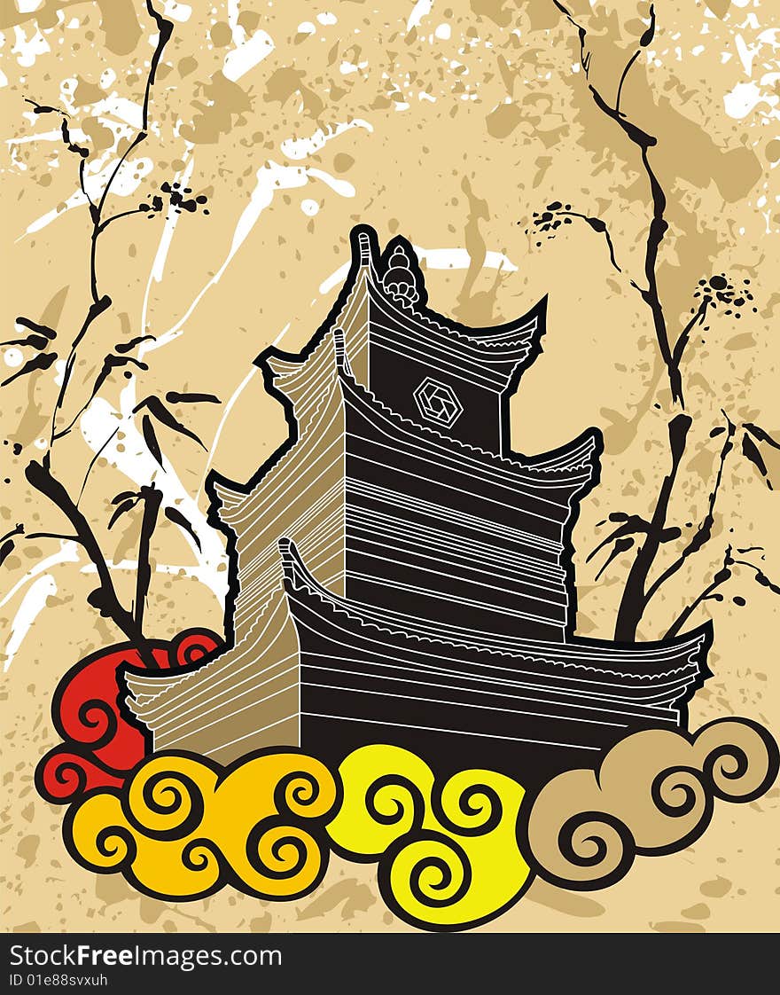 Chinese pagoda abstract background, elements of traditional Chinese painting, vector illustration