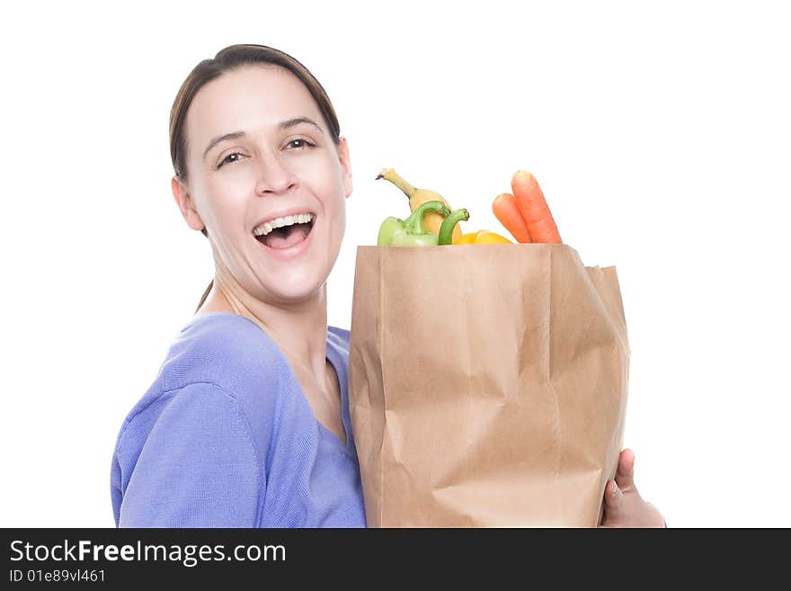 A woman in a domestic role in a shopping scenario on white. A woman in a domestic role in a shopping scenario on white