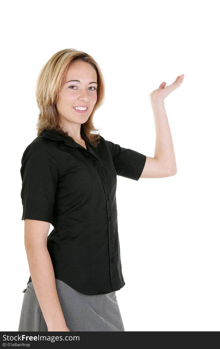 Smiling business woman gesturing to empty copy space