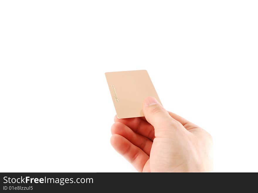 Hand and a card isolated on white background