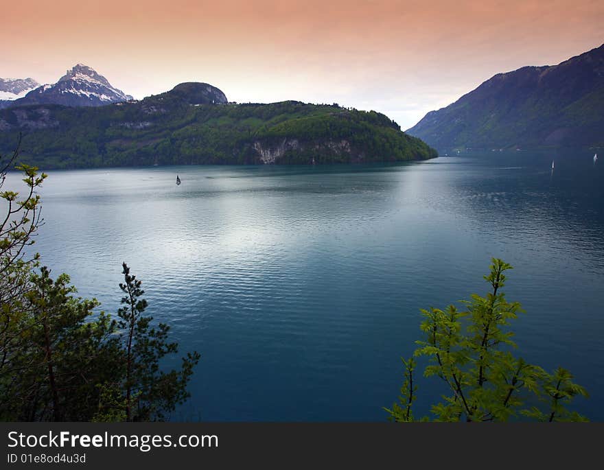 Swiss lake Vierwaldstaettersee in Alps