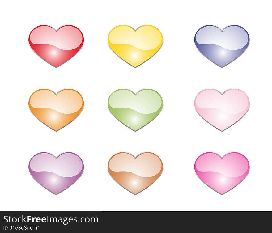 Illustration with red, yellow, blue, green, brown, pink, violet hearts. Illustration with red, yellow, blue, green, brown, pink, violet hearts