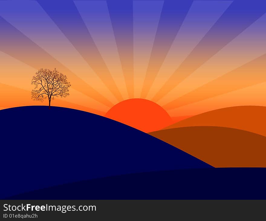 Landscape illustration of rise or sunset. Landscape illustration of rise or sunset