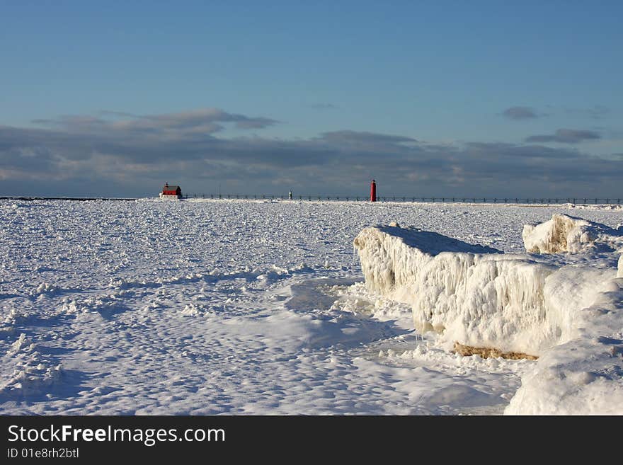 Lake Michigan lighthouses in winter. Lake Michigan lighthouses in winter