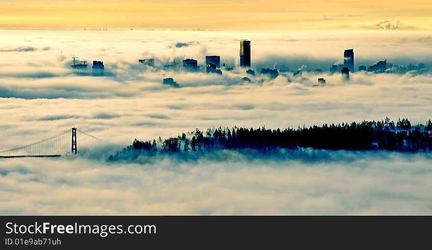 Vancouver downtown in the fog