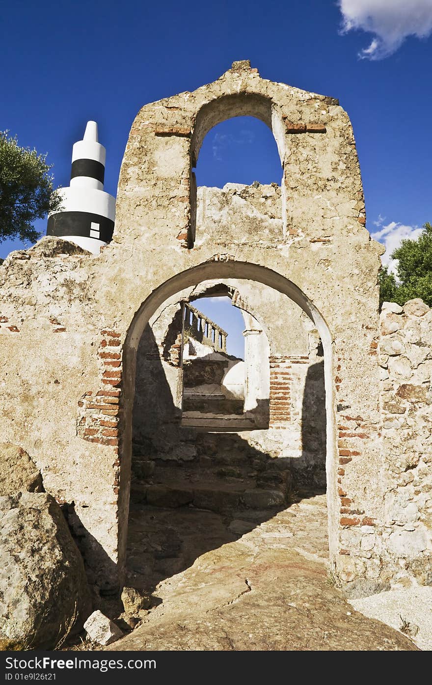 Triangulation station over a ruined building in Alentejo, Portugal