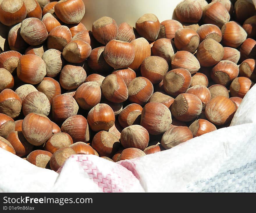 Tasty looking bag full of hazelnuts at the local market.