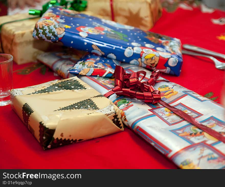 Stack of beautiful wrapped Christmas birthday gifts presents