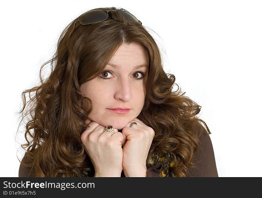 Pretty Woman Begging with Puppy Dog Eyes Isolated on Solid White Background. Pretty Woman Begging with Puppy Dog Eyes Isolated on Solid White Background