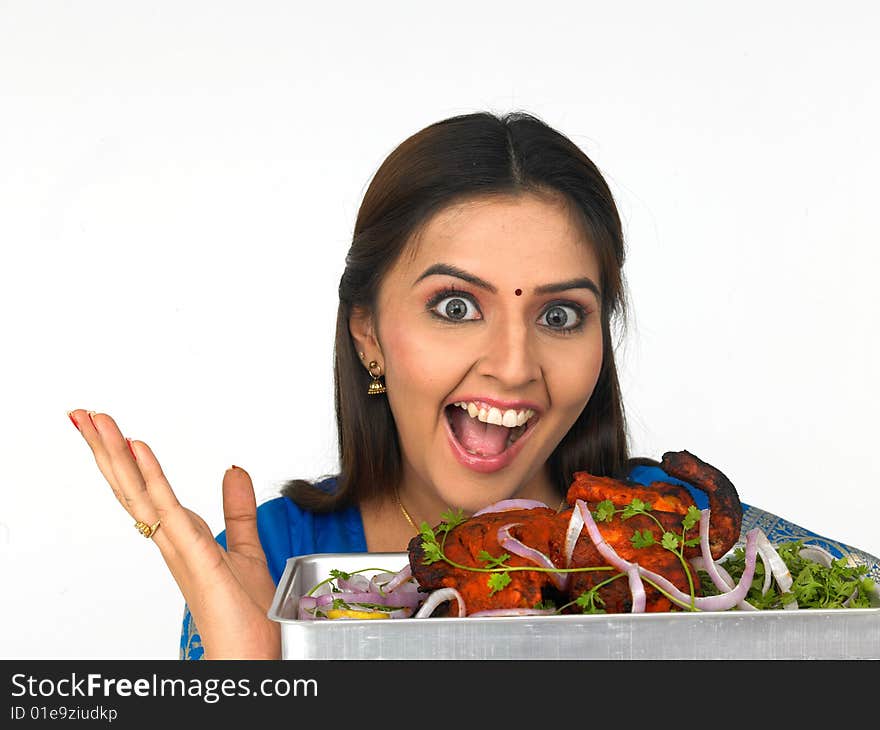 A Happy Young Woman With Her Roasted Chicken