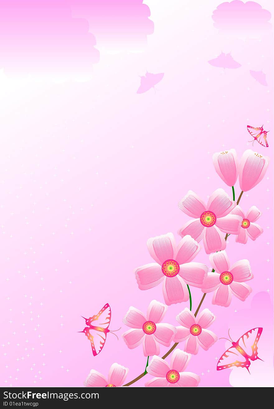 Blossoming beautiful cherry and butterflies