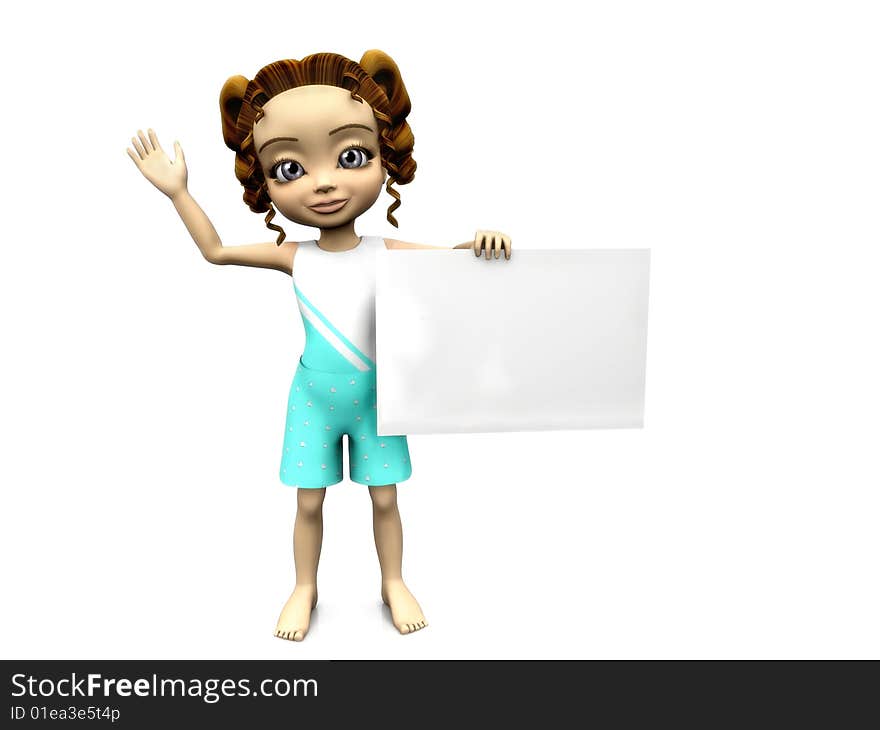 A cute cartoon girl holding a blank sign and waving. A cute cartoon girl holding a blank sign and waving.