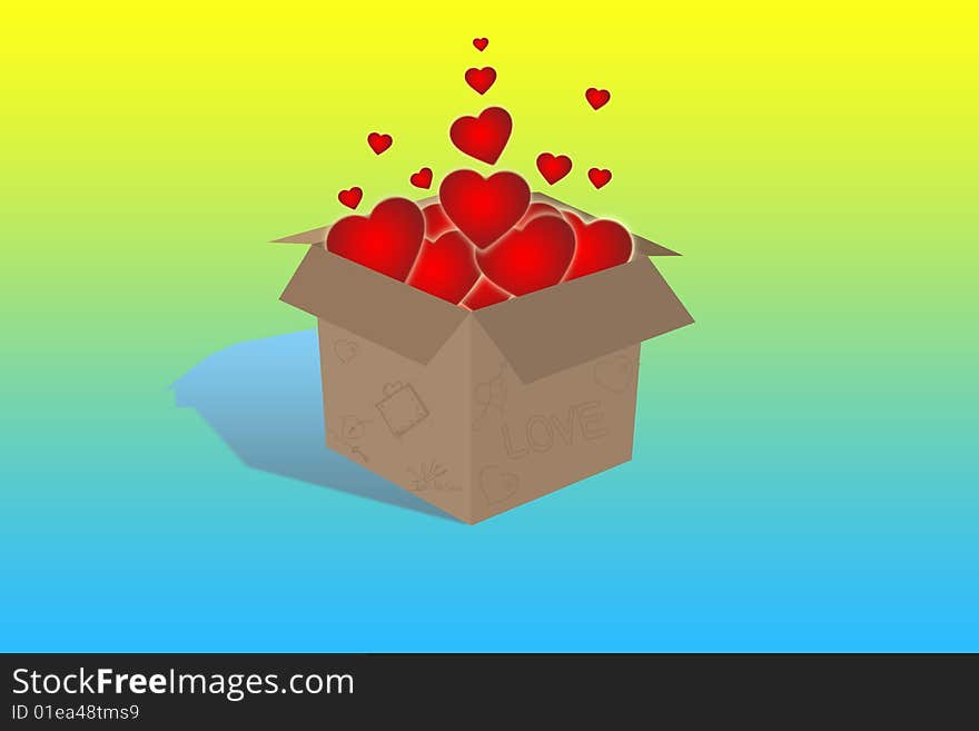 Carton with red heart on color background. Carton with red heart on color background