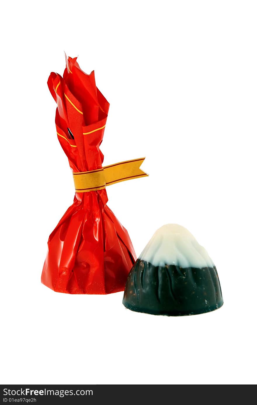 Two candies in the red packaging on a white background