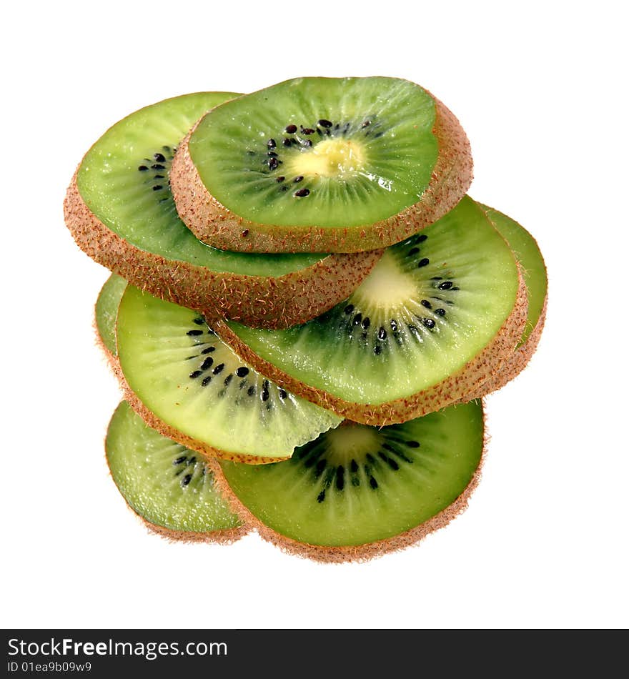 Beautiful green texture consisting of slices of kiwifruit on a white background