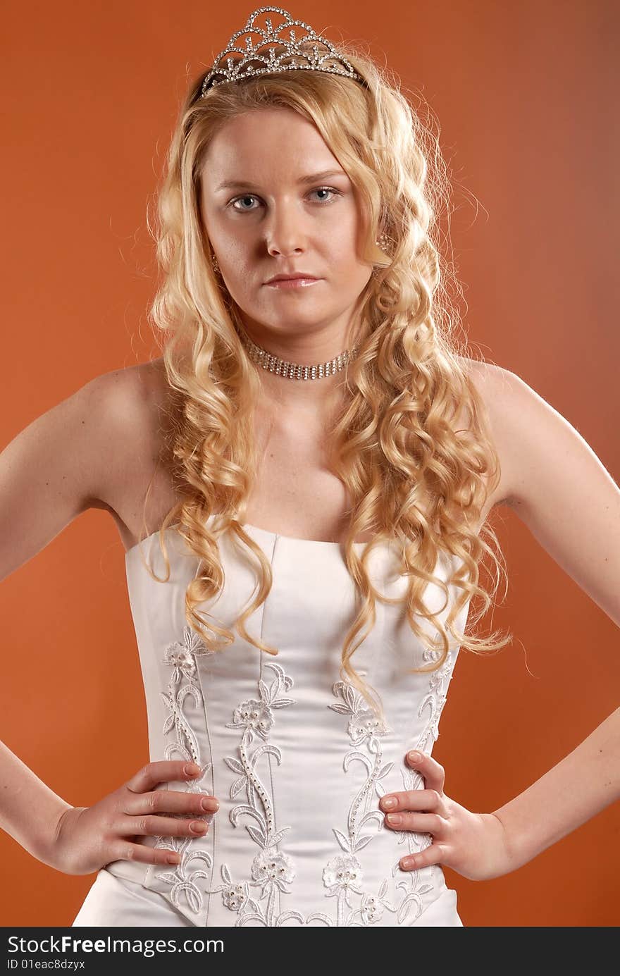 Portrait of the girl with a crown on an orange background. Portrait of the girl with a crown on an orange background