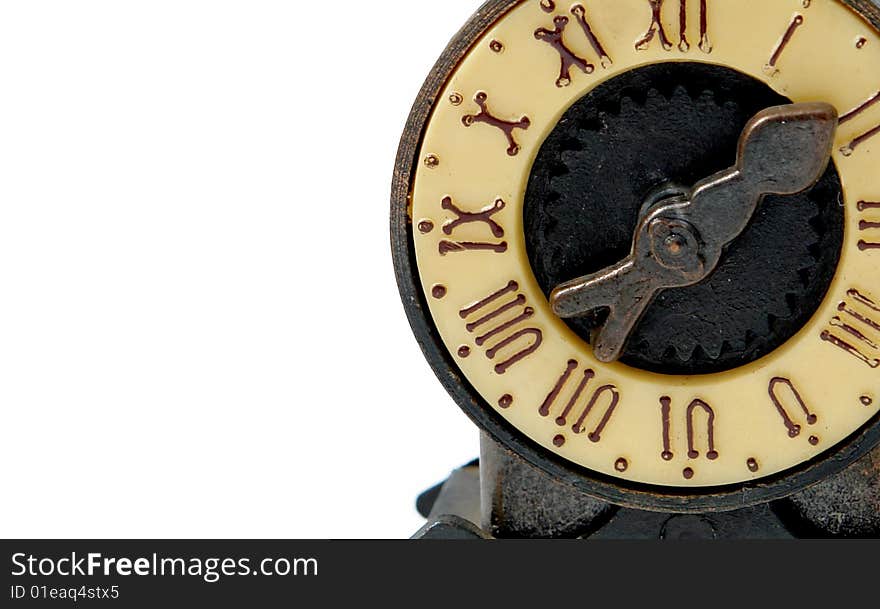 Old clock machine on white background with roman numbers