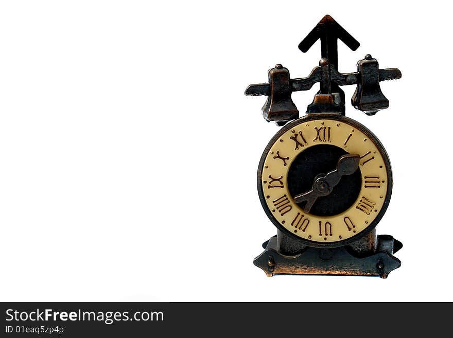 Old clock machine on white background with roman numbers