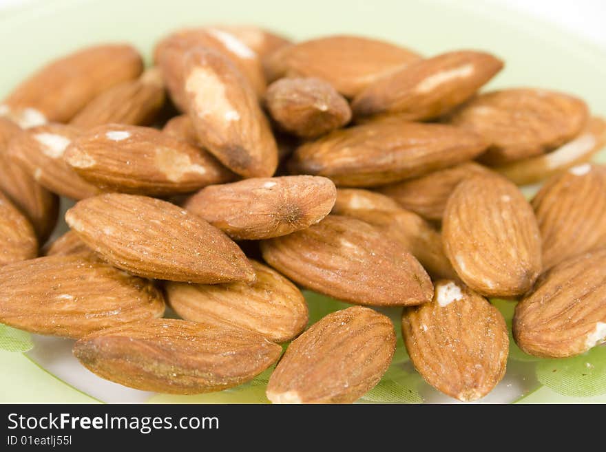 Group almonds in brown pod without nutshell